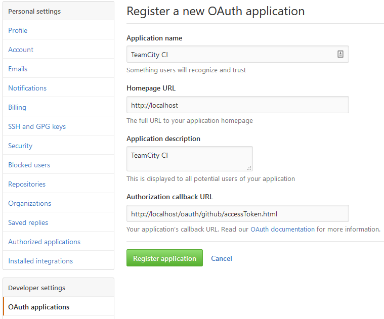 Github register OAuth Application