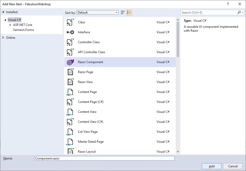 Blazor: Add New Item Dialog