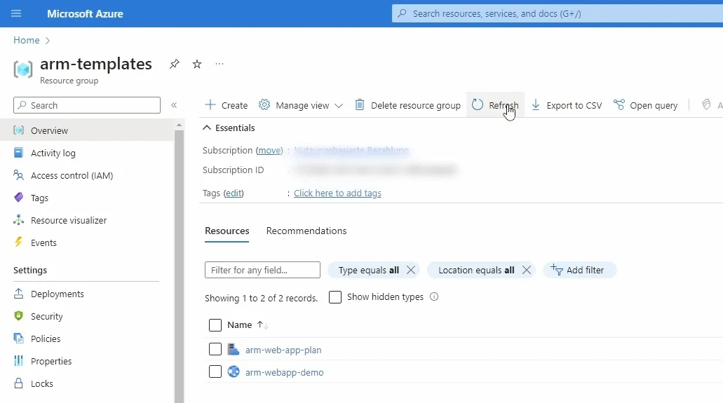 Azure Portal: Created Resources