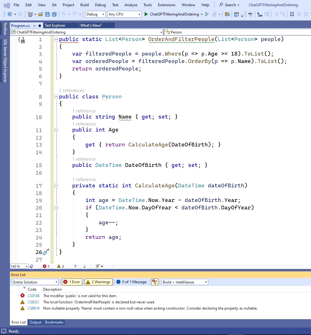 Order and filter people code generated by ChatGPT inserted into Visual Studio.