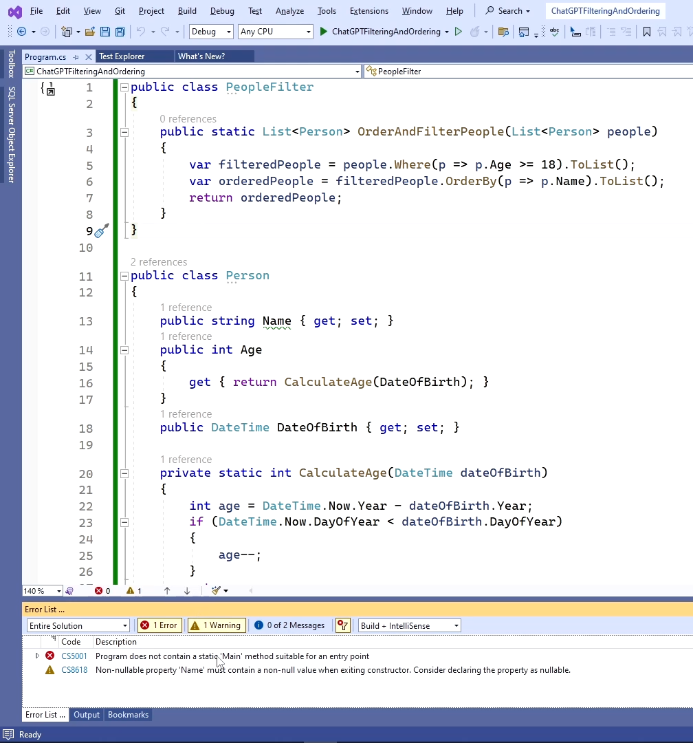 Order and filter people code generated by ChatGPT inserted into Visual Studio. Fixed the first issue.