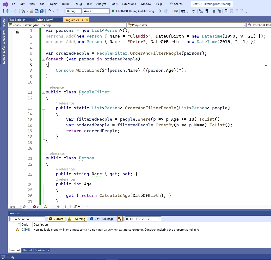 Order and filter people code generated by ChatGPT inserted into Visual Studio. Fixed the second issue.