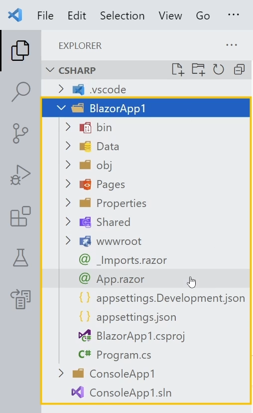 Visual Studio Code: Blazor Server App Project Structure